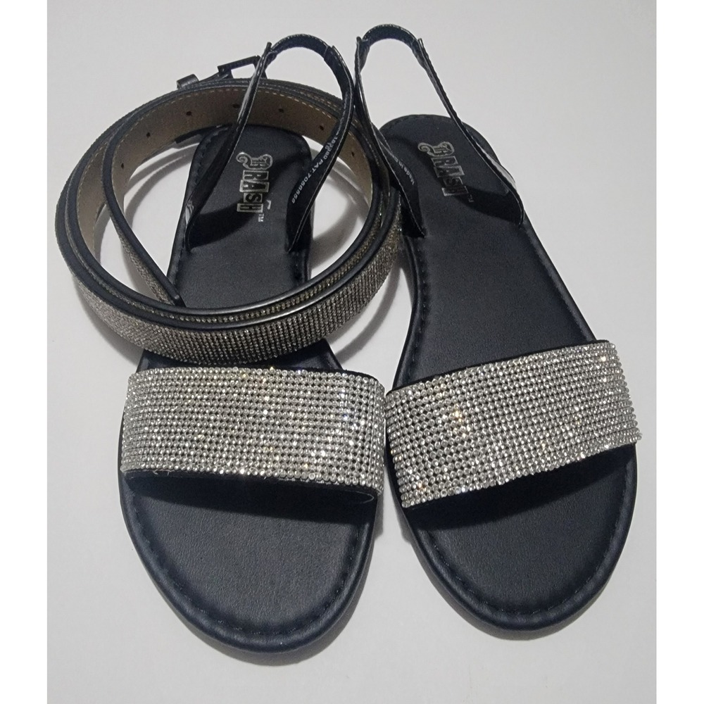 Brash Black Rhinestone Slingback Flat Sandals and Matching Belt Set Sz 8
L Belt